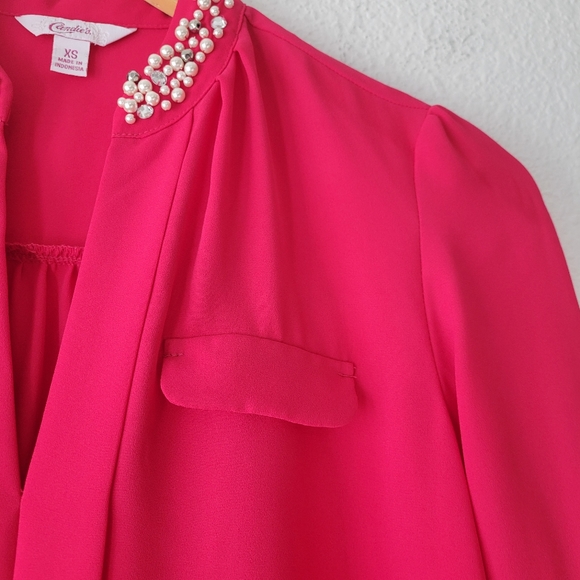 Candie's Hot Pink Long Sleeve Beaded Collar Blouse Sz XS | Going Out Top 2010's - Picture 4 of 7